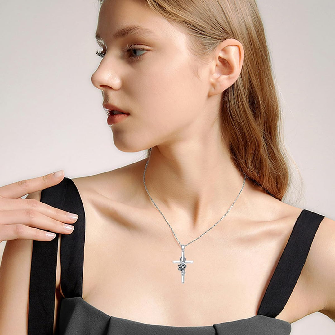Paw Print & Cross Silver Pendant Necklace