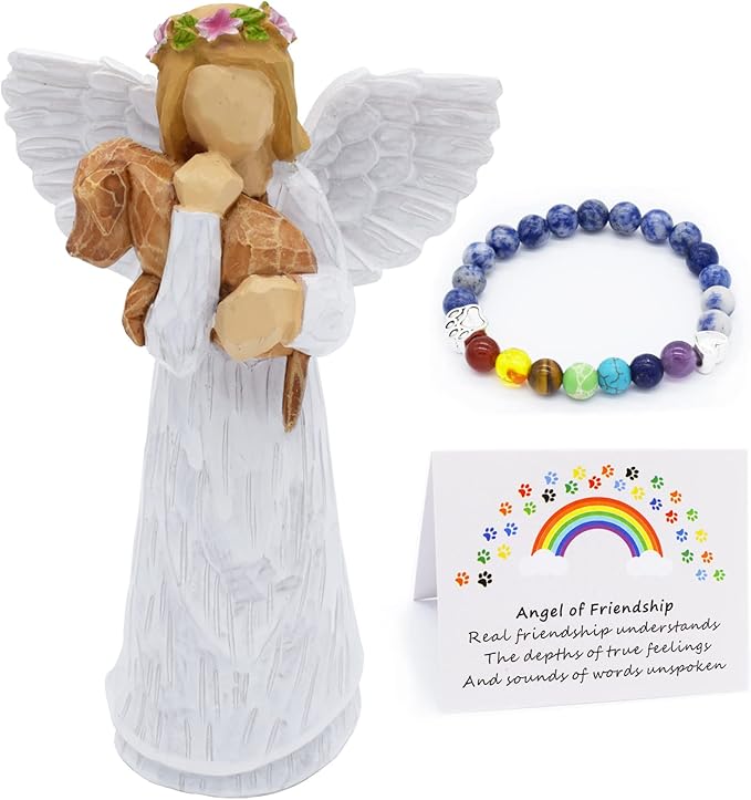 Dog Memorial Set: Friendship Angel Figurine & Chakra Bracelet - Rainbow Bridge