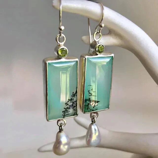 Vintage Rectangular Turquoise and Pearl Earrings