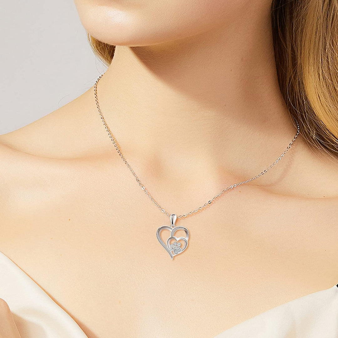Cubic Zirconia Paw and Heart Sterling Silver Necklace