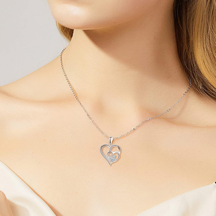 Sterling Silver Paw Print Heart Necklace with Zirconia