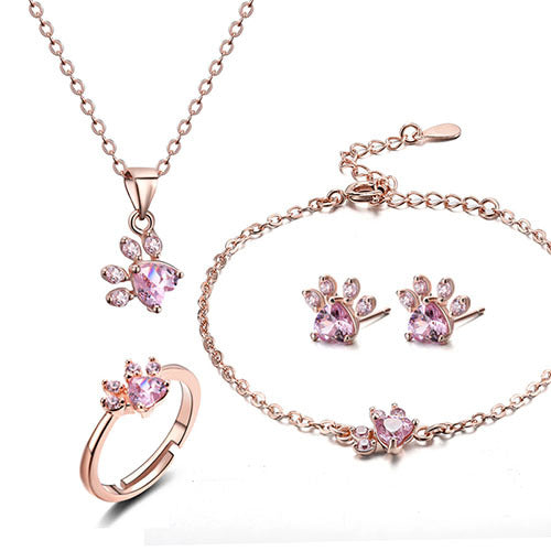 4-Piece Rose Gold Paw Jewelry Set with Zircon Heart for Women