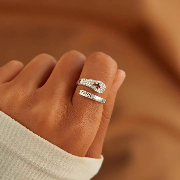 Zircon-Studded Silver Cross Ring