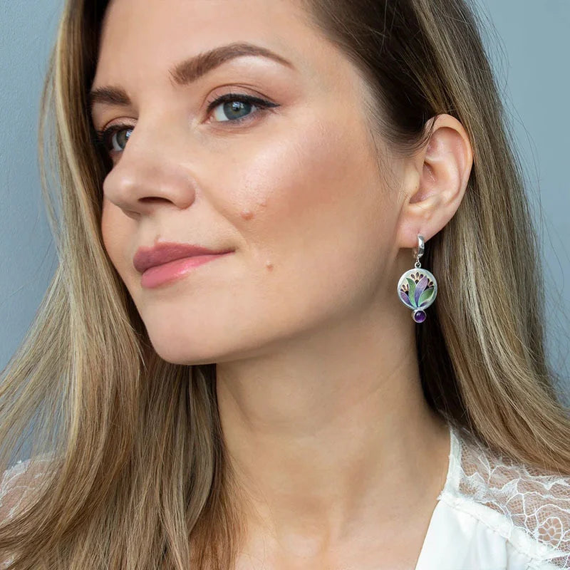 Sterling Silver Boho Earrings with Purple Crystals