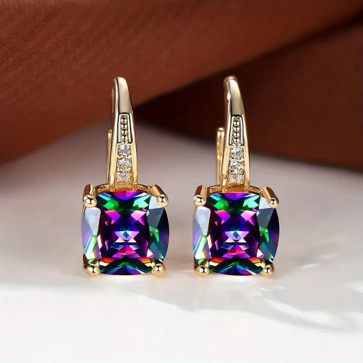 Gold Hoop Earrings with Mystic Gem