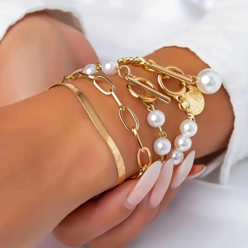 Gold Bracelet Set: 4-Piece with Snake, Pearls & Links