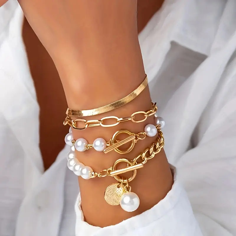 Gold Bracelet Set: 4-Piece with Snake, Pearls & Links