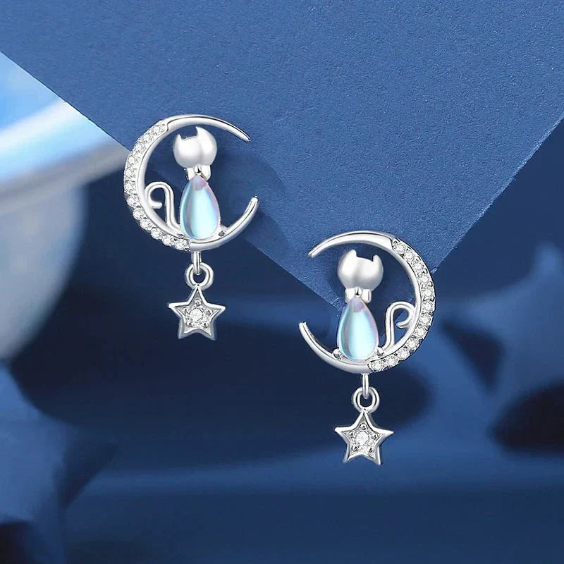 925 Sterling Silver Cat Earrings with Moon and Star Accents and Zirconia Stones
