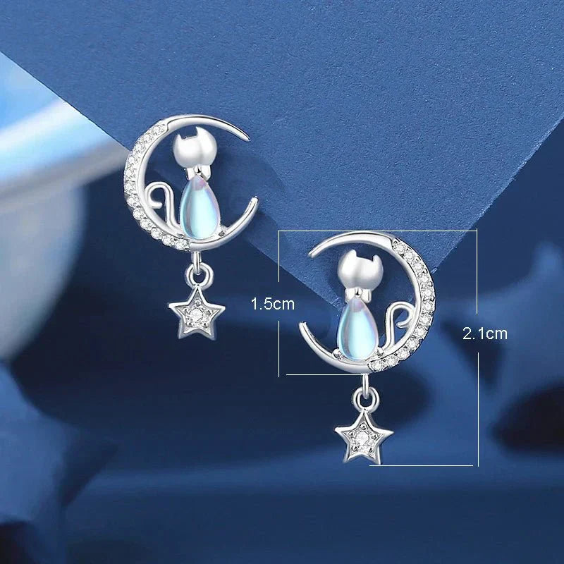925 Sterling Silver Cat Earrings with Moon and Star Accents and Zirconia Stones
