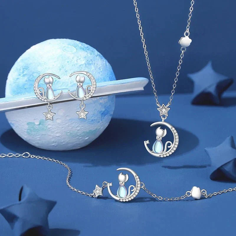 925 Sterling Silver Cat Earrings with Moon and Star Accents and Zirconia Stones