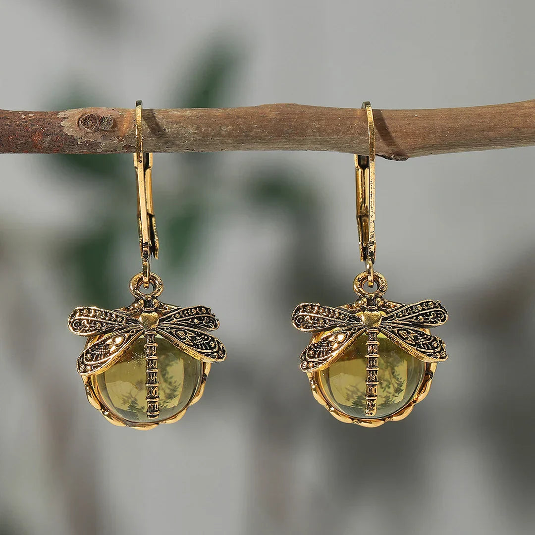 Antique Silver Dragonfly Sphere Earrings