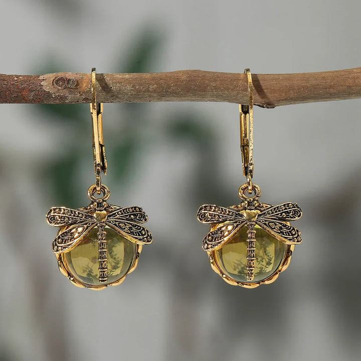 Antique Silver Dragonfly Sphere Earrings