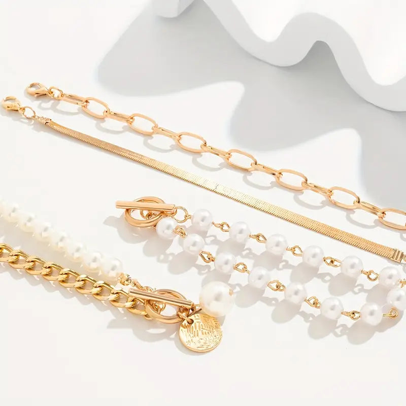 Gold Bracelet Set: 4-Piece with Snake, Pearls & Links