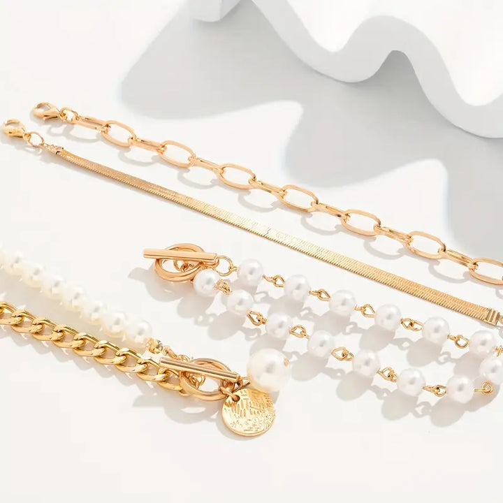 Gold Bracelet Set: 4-Piece with Snake, Pearls & Links
