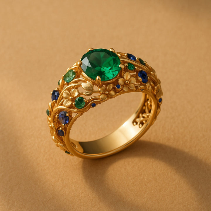 Gold Ring with Green and Blue Crystals" can be rewritten as: "Stunning Gold Ring with Green & Blue Crystals.