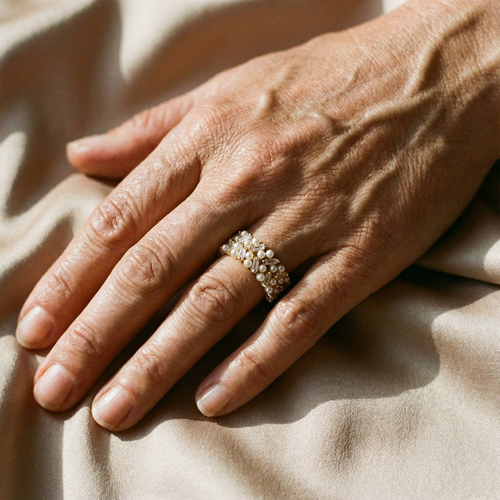 Adjustable Vintage Pearl and Gold Crystal Ring
