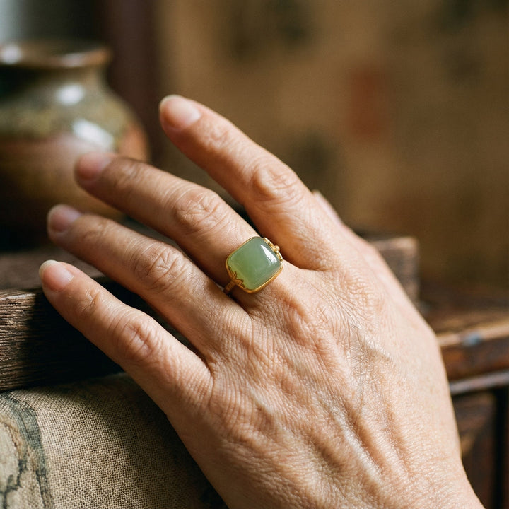 Adjustable Vintage Gold Ring with Green Jade