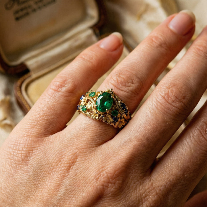 Gold Ring with Green and Blue Crystals
