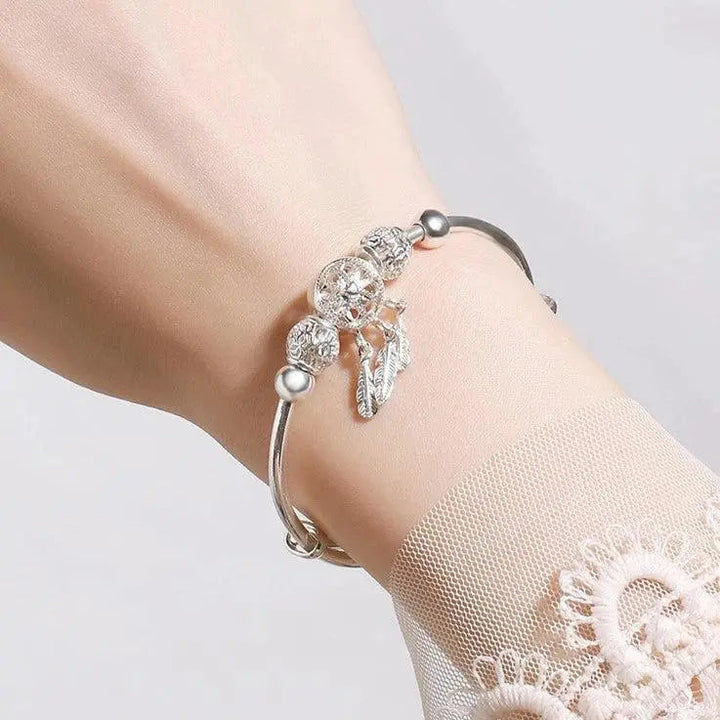 Silver Adjustable Bracelet with Three-Leaf Charms