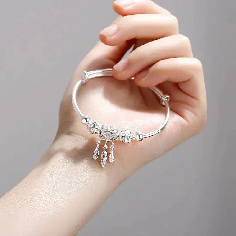 Silver Adjustable Bracelet with Three-Leaf Charms