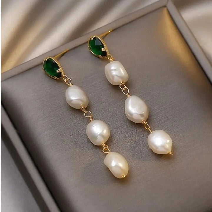 Gold Earrings with Pearl and Emerald Drop