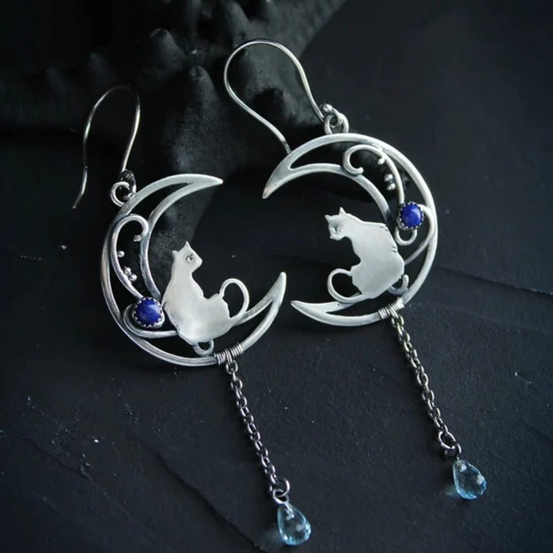Silver Cat Earrings with Boho Blue Zirconia