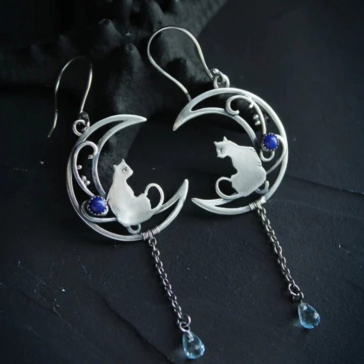 Silver Cat Earrings with Boho Blue Zirconia