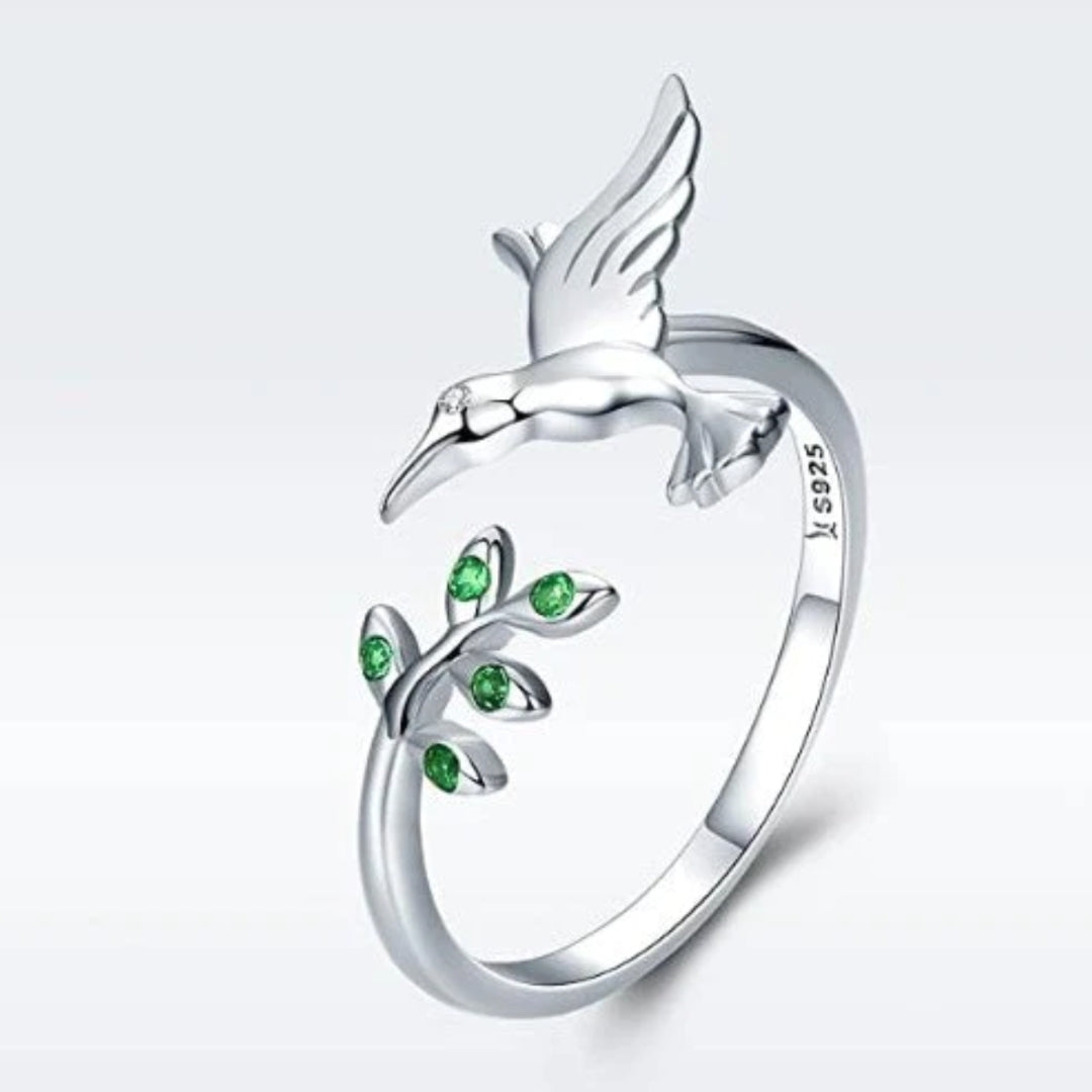 Adjustable Silver Hummingbird Ring with Green Zirconia