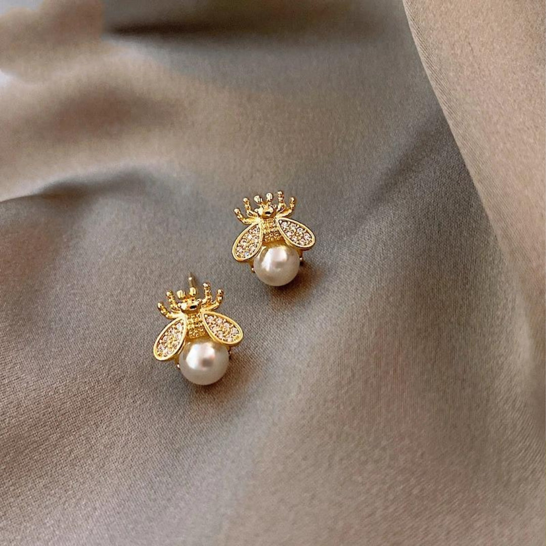 Gold Pearl and Zirconia Earrings