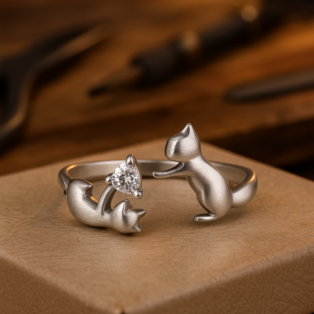 Adjustable Sterling Silver Playful Cat Ring with Cubic Zirconia