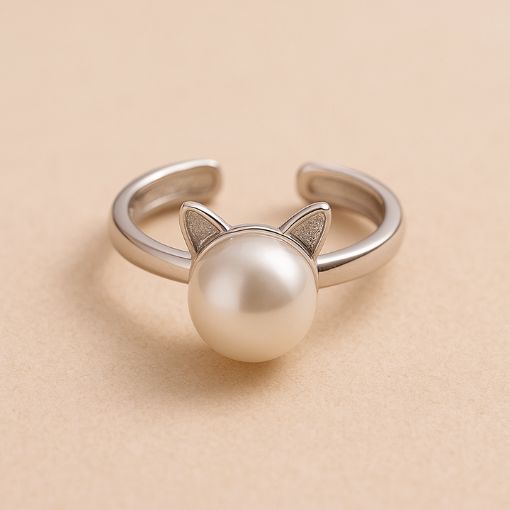 Cat-Shaped Pearl Sterling Silver Ring