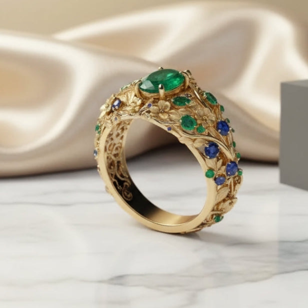 Gold Ring with Green and Blue Crystals" can be rewritten as: "Stunning Gold Ring with Green & Blue Crystals.