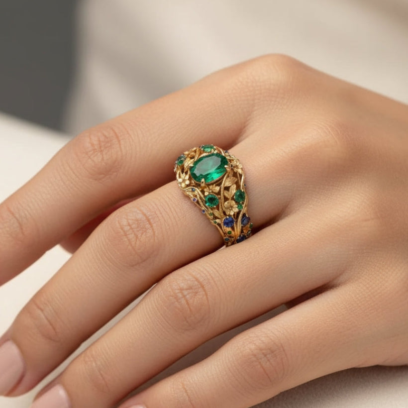 Gold Ring with Green and Blue Crystals" can be rewritten as: "Stunning Gold Ring with Green & Blue Crystals.