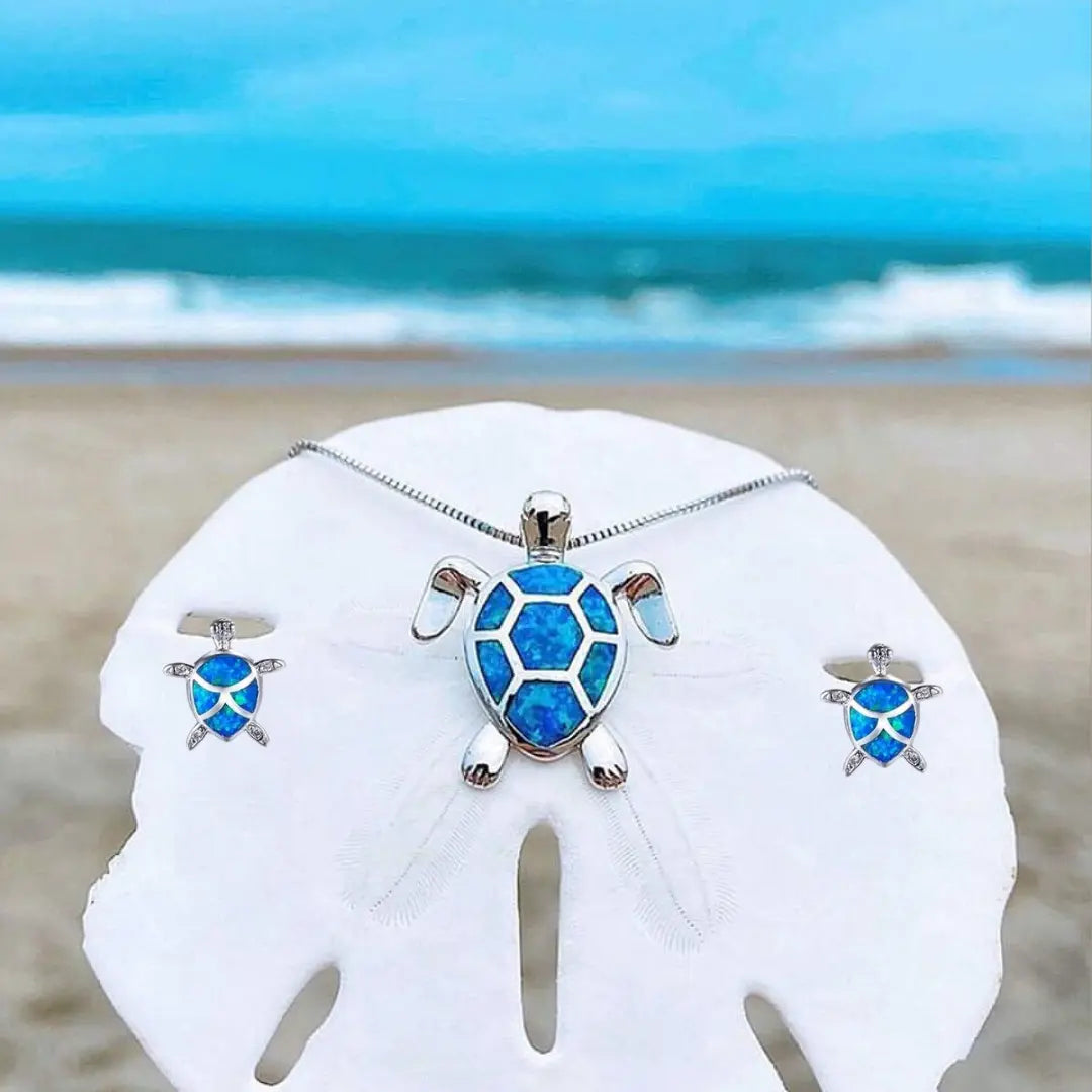 Opal & Silver Sea Turtle Necklace and Earring Set