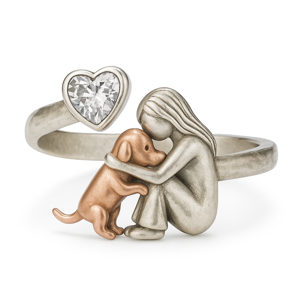 Adjustable Handmade Silver Dog Ring with Heart-Shaped Zirconia