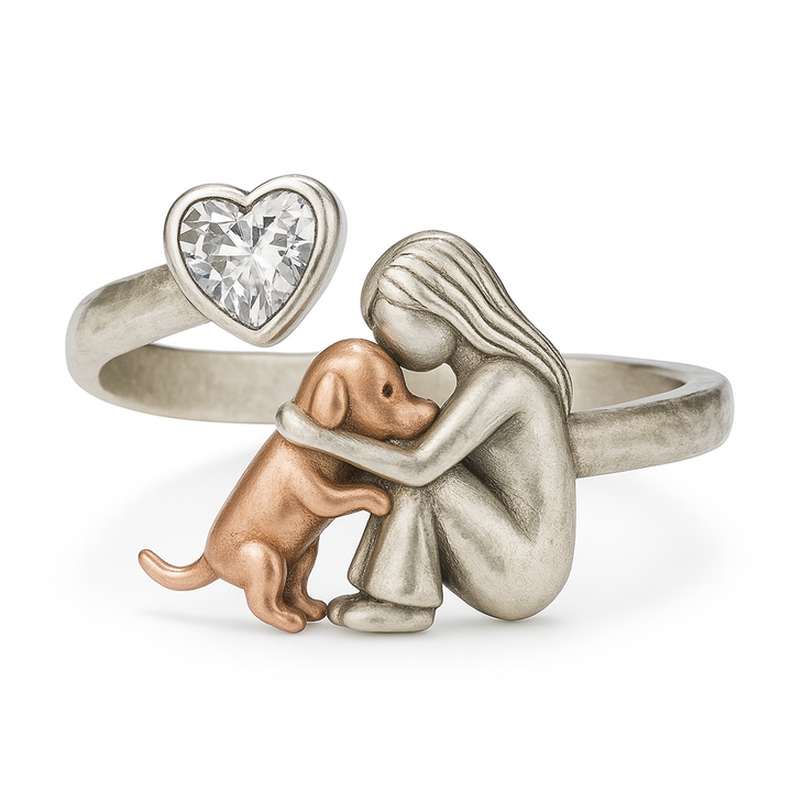Adjustable Handmade Silver Dog Ring with Heart-Shaped Zirconia
