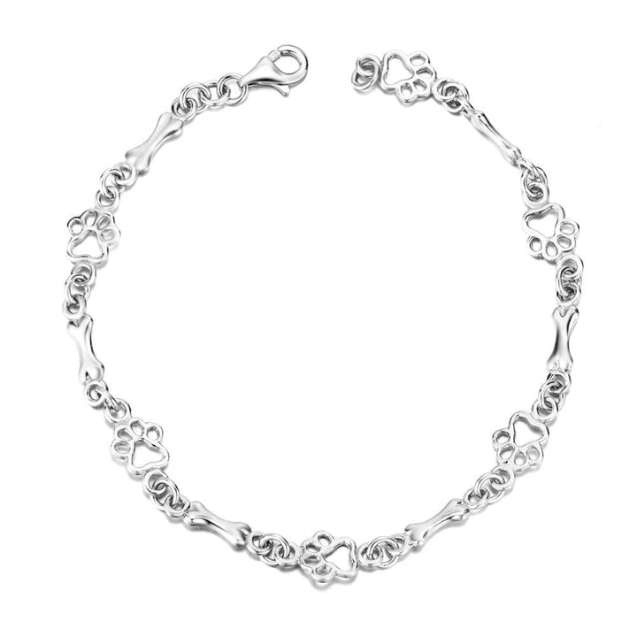 Pure Silver Dog Paw and Bone Charm Bracelet