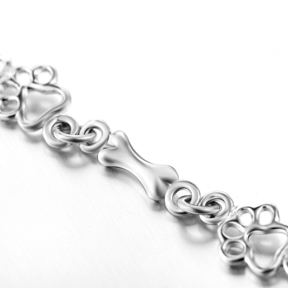 Pure Silver Dog Paw and Bone Charm Bracelet
