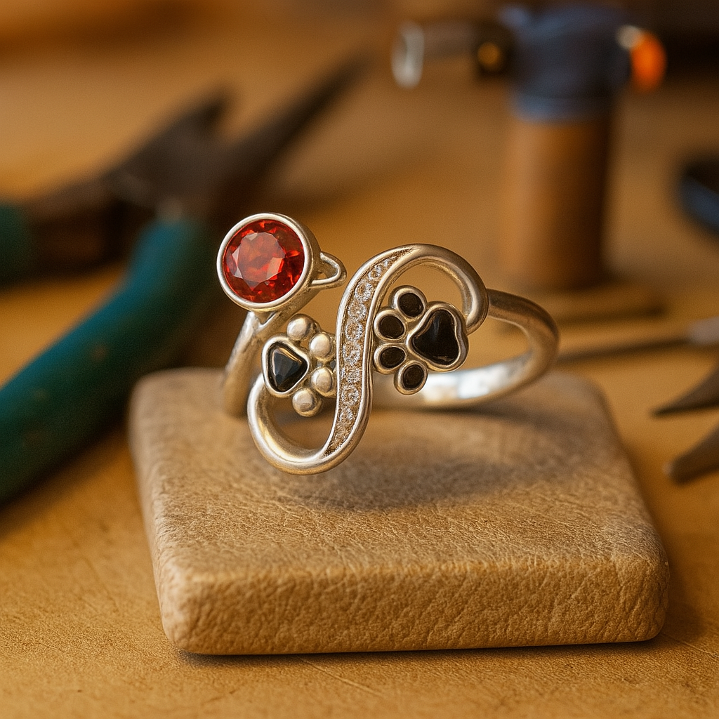 Adjustable Ring with Black Accents and Red Gemstone