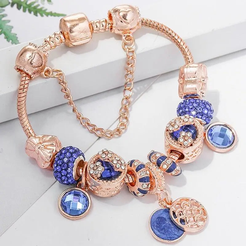 Blue Crystal Rose Silver Bracelet