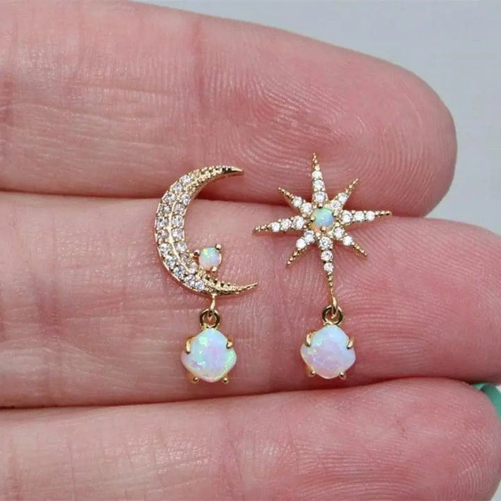 Gold and Opal Moon & Star Earrings