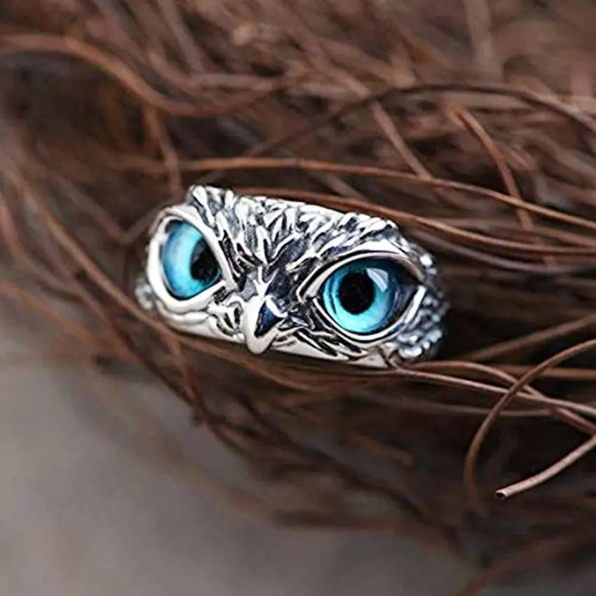 Adjustable Silver Lucky Owl Ring with Opal