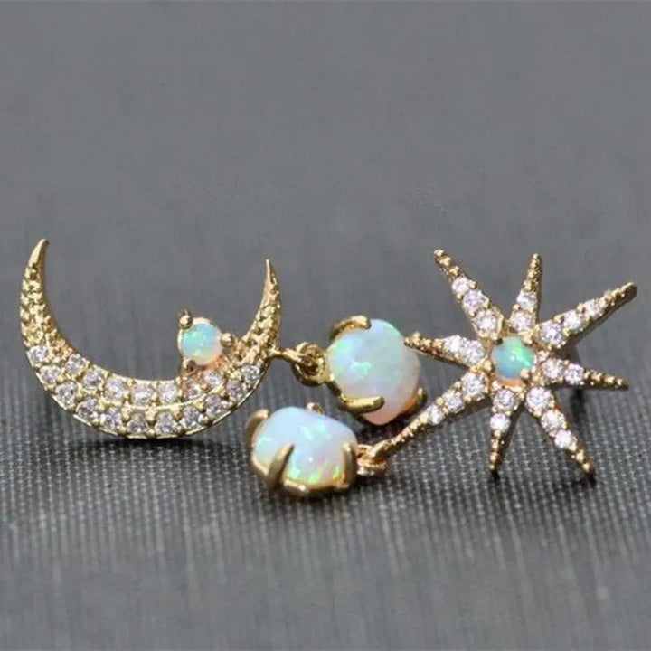 Gold and Opal Moon & Star Earrings