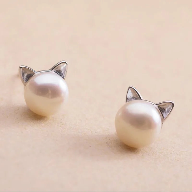 Sterling Silver Cat & Pearl Earrings