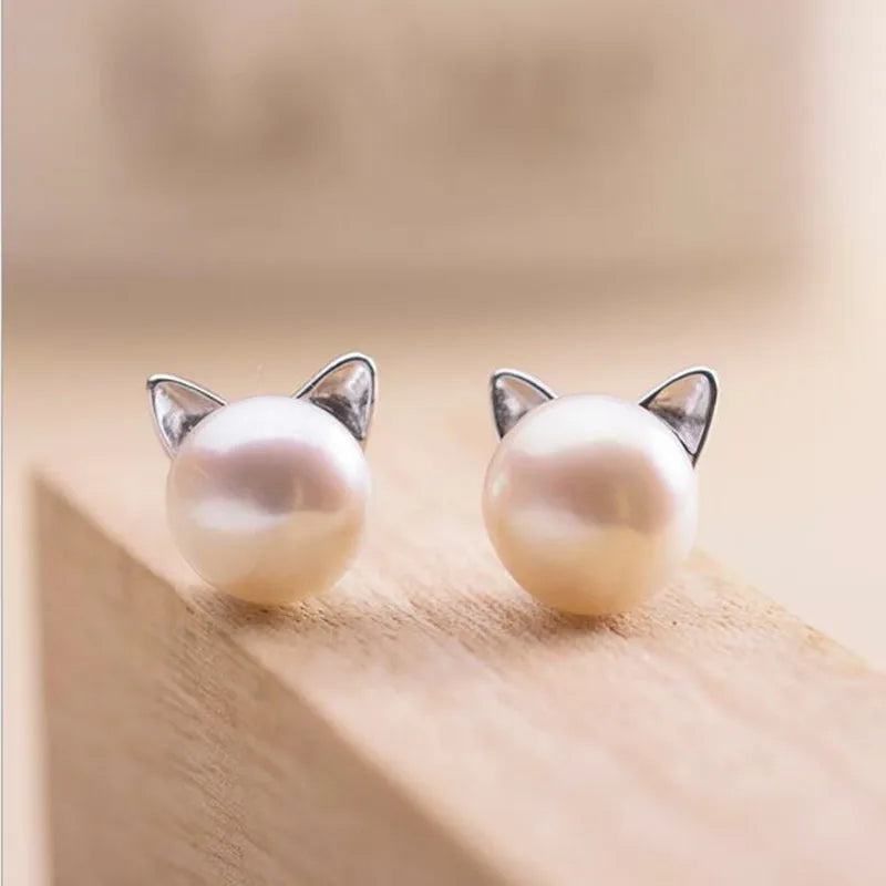 Cat-Shaped Silver Pearl Stud Earrings