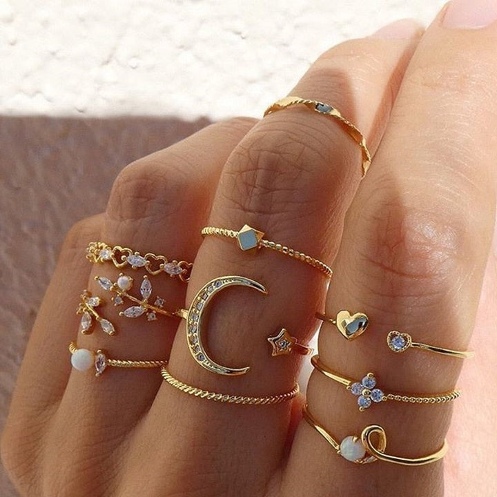 Set of 10 Bohemian Silver and Gold-Plated Rings