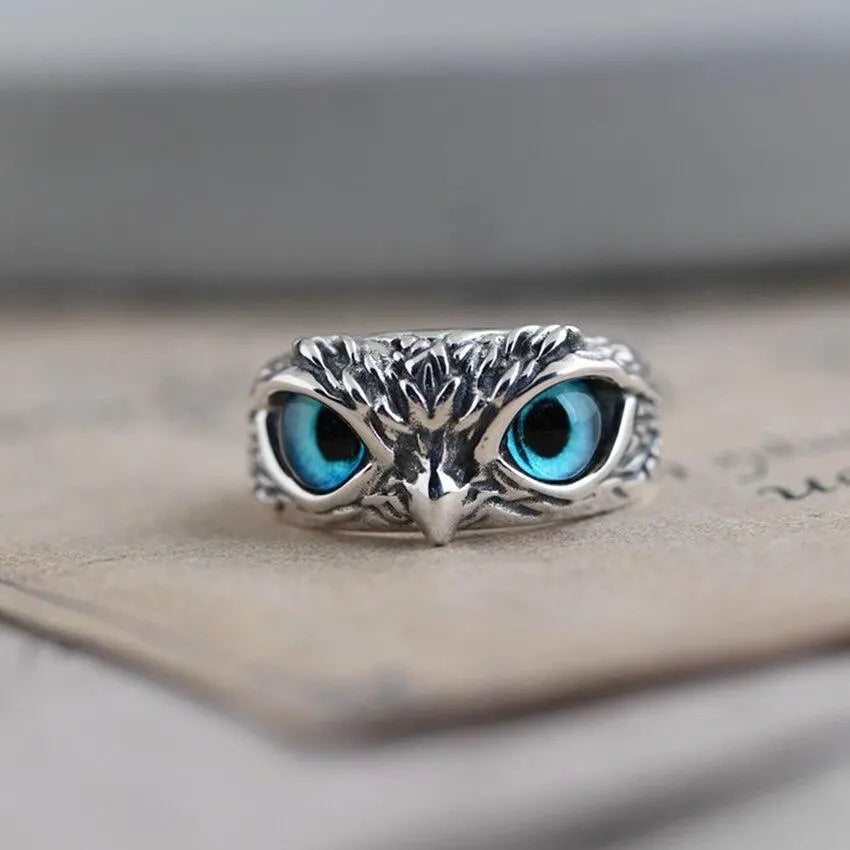 Adjustable Silver Lucky Owl Ring with Opal