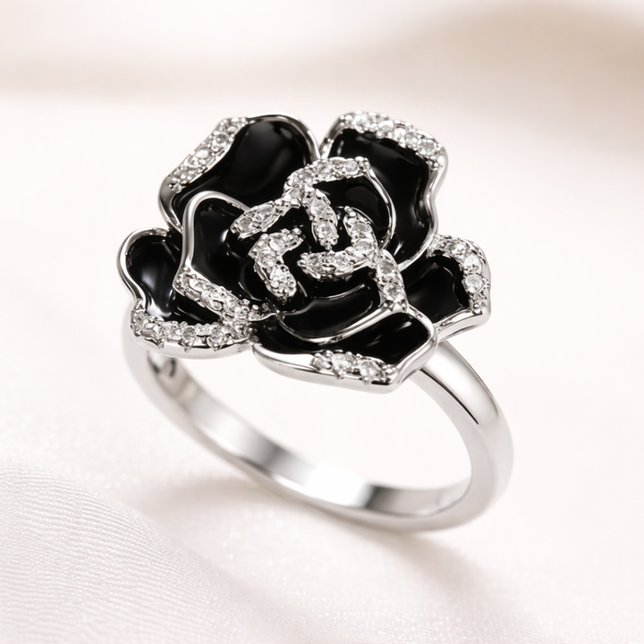 Black Flower Silver Ring