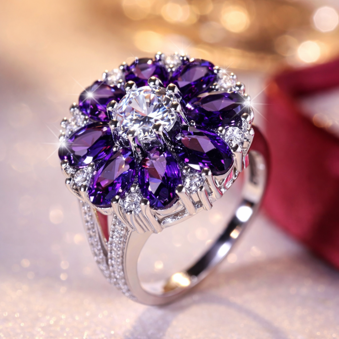 Purple Flower Silver Ring