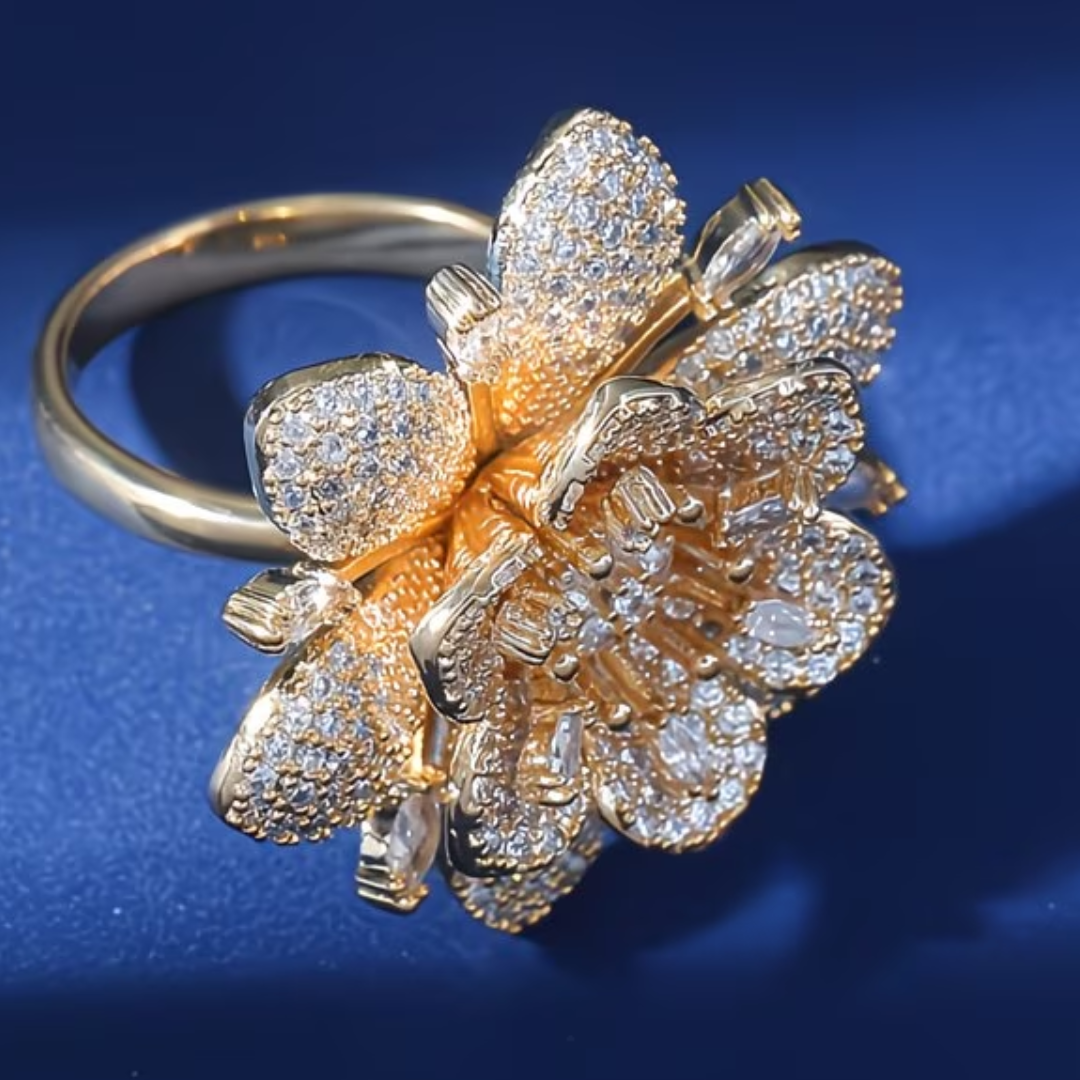 Gold-Plated Flower Ring with Zirconia Accents
